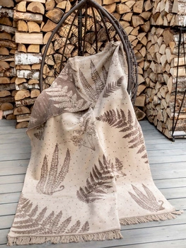 Koc bawełniano-akrylowy botaniczny z frędzlami dwustronny Cotton Cloud 150x200cm - Beżowy/Brązowy