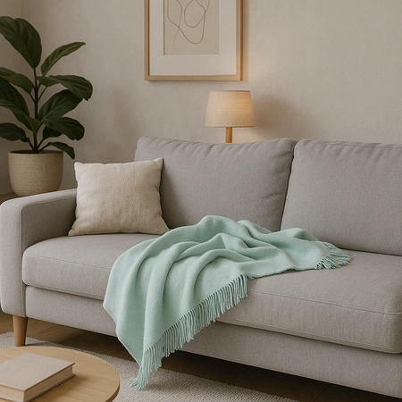 Koc bawełniano-akrylowy z frędzlami Basic Cotton Cloud 150x200cm 430 g/m2 - Niebieski Celeste