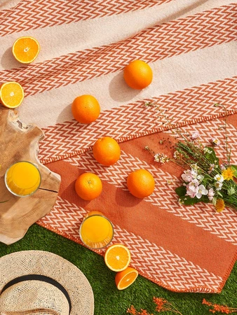 Koc pled bawełniano-akrylowy pasy zygzaki dwustronny Cotton Cloud 165x200cm 500 g/m2 - Pomarańczowy/Beżowy