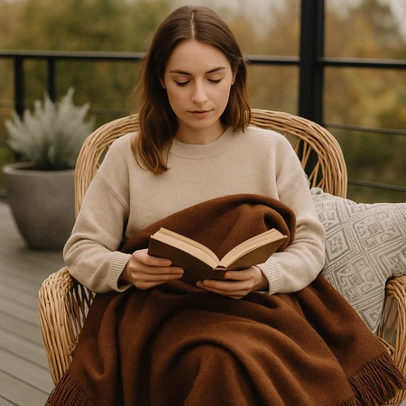 Koc bawełniano-akrylowy z frędzlami Basic Cotton Cloud 150x200cm 430 g/m2 - Ciemnobrązowy