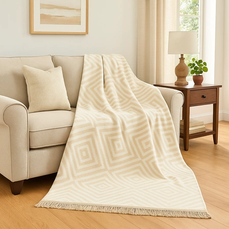 Koc bawełniano-akrylowy labirynt z frędzlami dwustronny Cotton Cloud 150x200cm - Beżowy