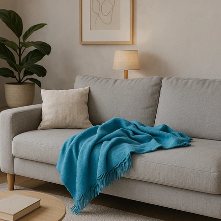 Koc bawełniano-akrylowy z frędzlami Basic Cotton Cloud 150x200cm 430 g/m2 - Błękitny