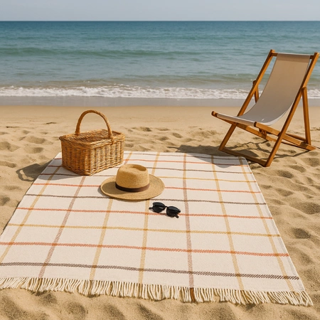 Koc bawełniano-akrylowy w kratę z frędzlami dwustronny Cotton Cloud 150x200cm - Beżowy/Brązowy