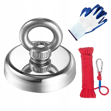 MAGNES NEODYMOWY 85 KG DO POSZUKIWAŃ LINA 20m + RĘKAWICE