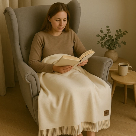 Koc bawełniano-akrylowy z frędzlami Basic Cotton Cloud 150x200cm 430 g/m2 - Ecru