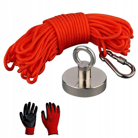 MAGNES NEODYMOWY 85 KG DO POSZUKIWAŃ LINA 20m + RĘKAWICE