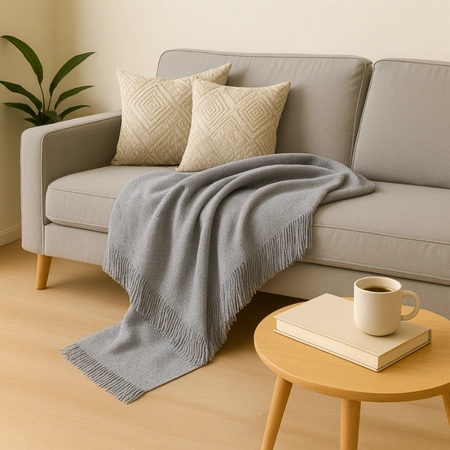 Koc bawełniano-akrylowy z frędzlami Basic Cotton Cloud 150x200cm 430 g/m2 - Szary