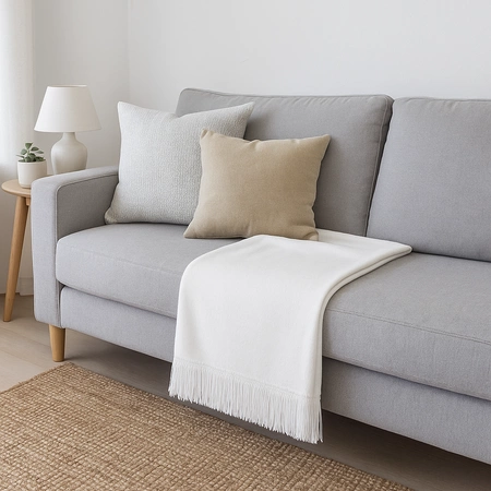 Koc bawełniano-akrylowy z frędzlami Basic Cotton Cloud 150x200cm 430 g/m2 - Śnieżna Biel