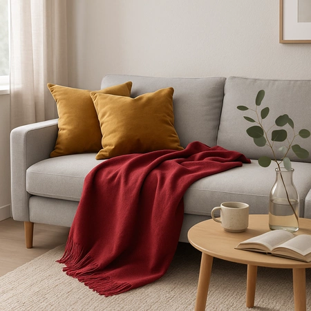 Koc bawełniano-akrylowy z frędzlami Basic Cotton Cloud 150x200cm 430 g/m2 - Bordo