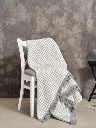 Koc bawełniano-akrylowy romby z frędzlami dwustronny Cotton Cloud 150x200cm - Szary