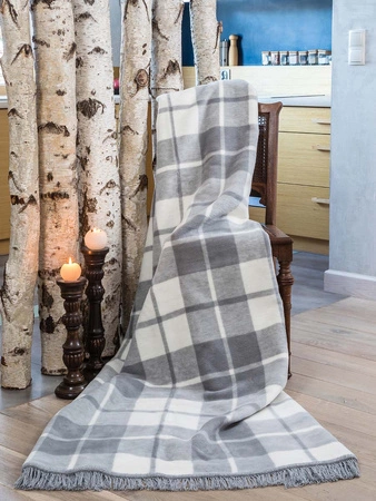 Koc bawełniano-akrylowy w kratkę z frędzlami dwustronny Cotton Cloud 150x200cm - Szary