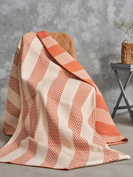 Koc pled bawełniano-akrylowy pasy zygzaki dwustronny Cotton Cloud 165x200cm 500 g/m2 - Pomarańczowy/Beżowy