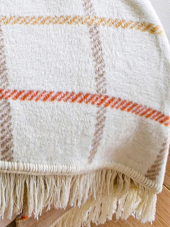 Koc bawełniano-akrylowy w kratę z frędzlami dwustronny Cotton Cloud 150x200cm - Beżowy/Brązowy