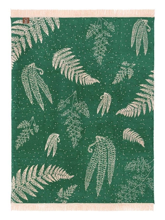 Koc bawełniano-akrylowy botaniczny z frędzlami dwustronny Cotton Cloud 150x200cm - Beżowy/Zielony