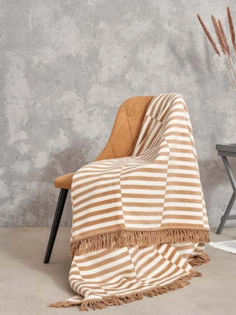 Koc bawełniano-akrylowy plażowe paski z frędzlami dwustronny Cotton Cloud 150x200cm - Brązowy