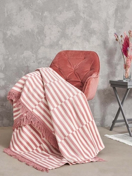 Koc bawełniano-akrylowy plażowe paski z frędzlami dwustronny Cotton Cloud 150x200cm - Brudny Róż