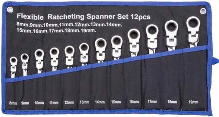 KLUCZE PŁASKO OCZKOWE Z GRZECHOTKĄ ŁAMANE 8-19MM 12el