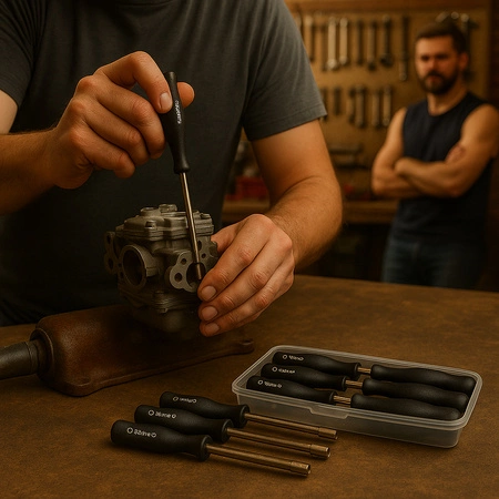 Klucze wkrętaki do regulacji gaźników 8szt + szczotki do dysz 12szt zestaw w etui