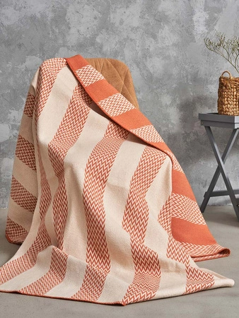 Koc pled bawełniano-akrylowy pasy zygzaki dwustronny Cotton Cloud 165x200cm 500 g/m2 - Pomarańczowy/Beżowy