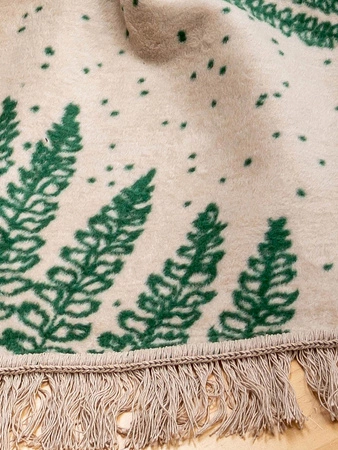 Koc bawełniano-akrylowy botaniczny z frędzlami dwustronny Cotton Cloud 150x200cm - Beżowy/Zielony