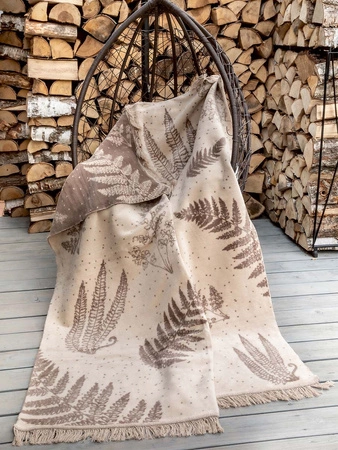 Koc bawełniano-akrylowy botaniczny z frędzlami dwustronny Cotton Cloud 150x200cm - Beżowy/Brązowy