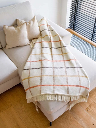 Koc bawełniano-akrylowy w kratę z frędzlami dwustronny Cotton Cloud 150x200cm - Beżowy/Brązowy