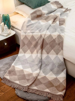 Koc bawełniano-akrylowy romby z frędzlami dwustronny Cotton Cloud 150x200cm - Szary/Brązowy