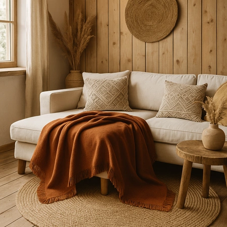 Koc bawełniano-akrylowy z frędzlami Basic Cotton Cloud 150x200cm 430 g/m2 - Camel