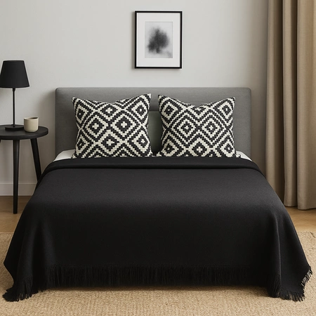 Koc bawełniano-akrylowy z frędzlami Basic Cotton Cloud 150x200cm 430 g/m2 - Czarny