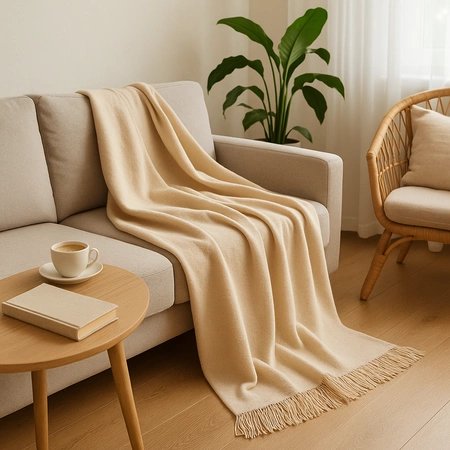 Koc bawełniano-akrylowy z frędzlami Basic Cotton Cloud 150x200cm 430 g/m2 - Jasny Beż