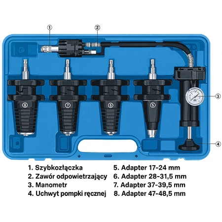 Tester szczelności układu chłodzenia z adapterami, zestaw 5 elementów